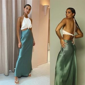 BEC + BRIDGE Carrie Halter Maxi Cutout Satin Dress in Multi Green US Size 2